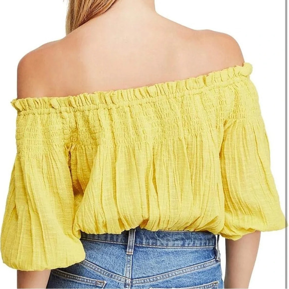We the Free People Dancing Till Dawn Smocked Off The Shoulder crop Top yellow XS - Picture 2 of 10